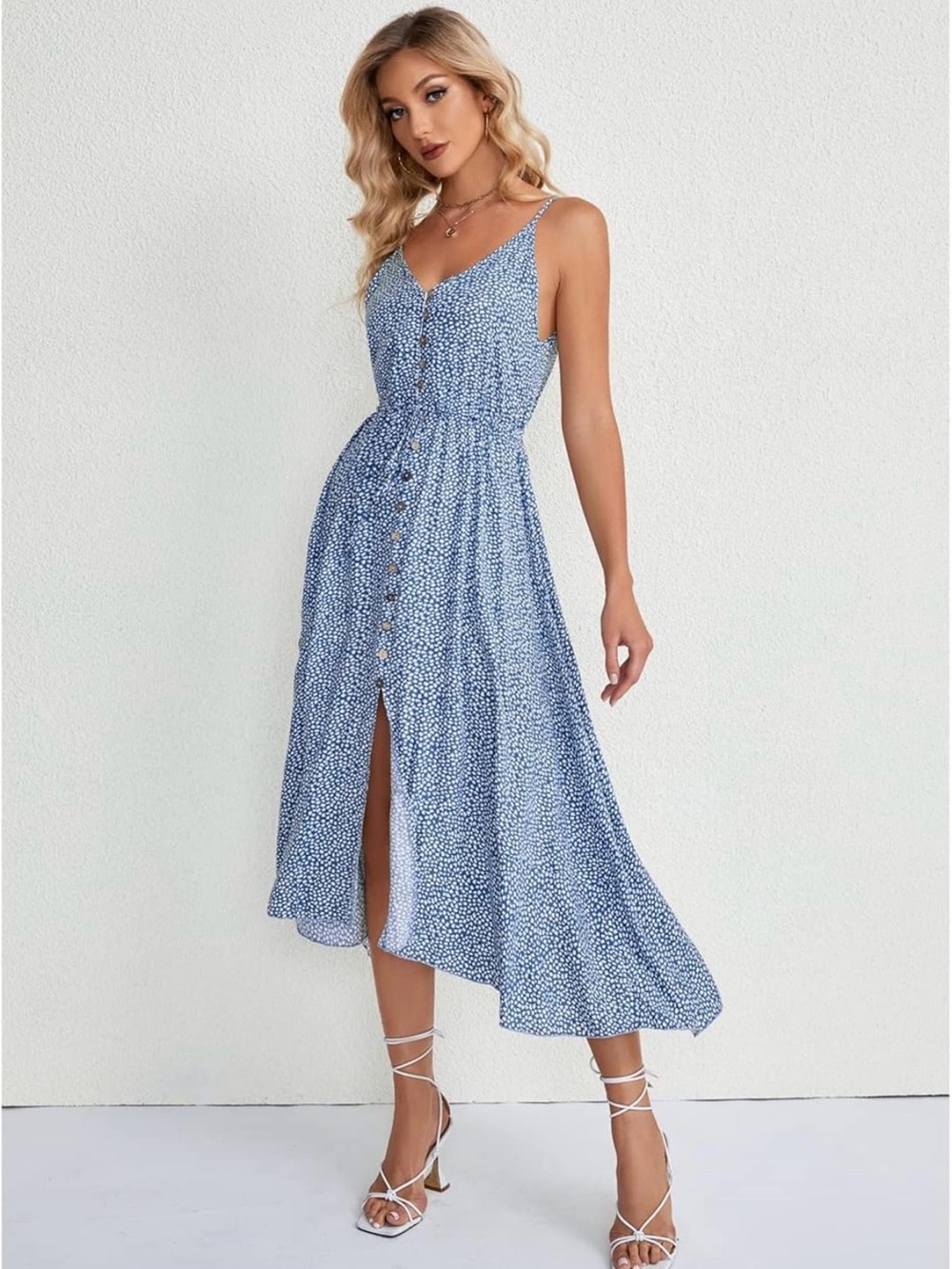 Blue Printed Button-Front Midi Dress with Spaghetti Straps